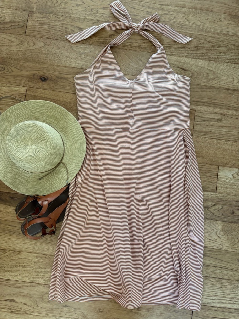 PACT Striped Halter Midi Dress in white and burnt orange